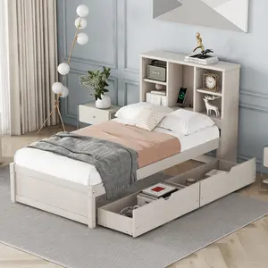 Modern Twin Size Bed Frame with Built-in USB Port on Bookcase Headboard and 2 Drawers Finish