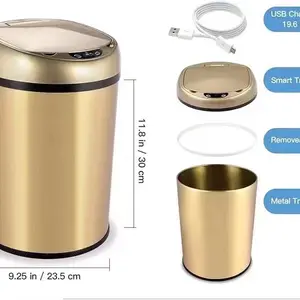 LED-mate-Automatic Touchless Infrared Motion Sensor Trash Can with Stainless Steel Organiser Boxes，Color is gold.