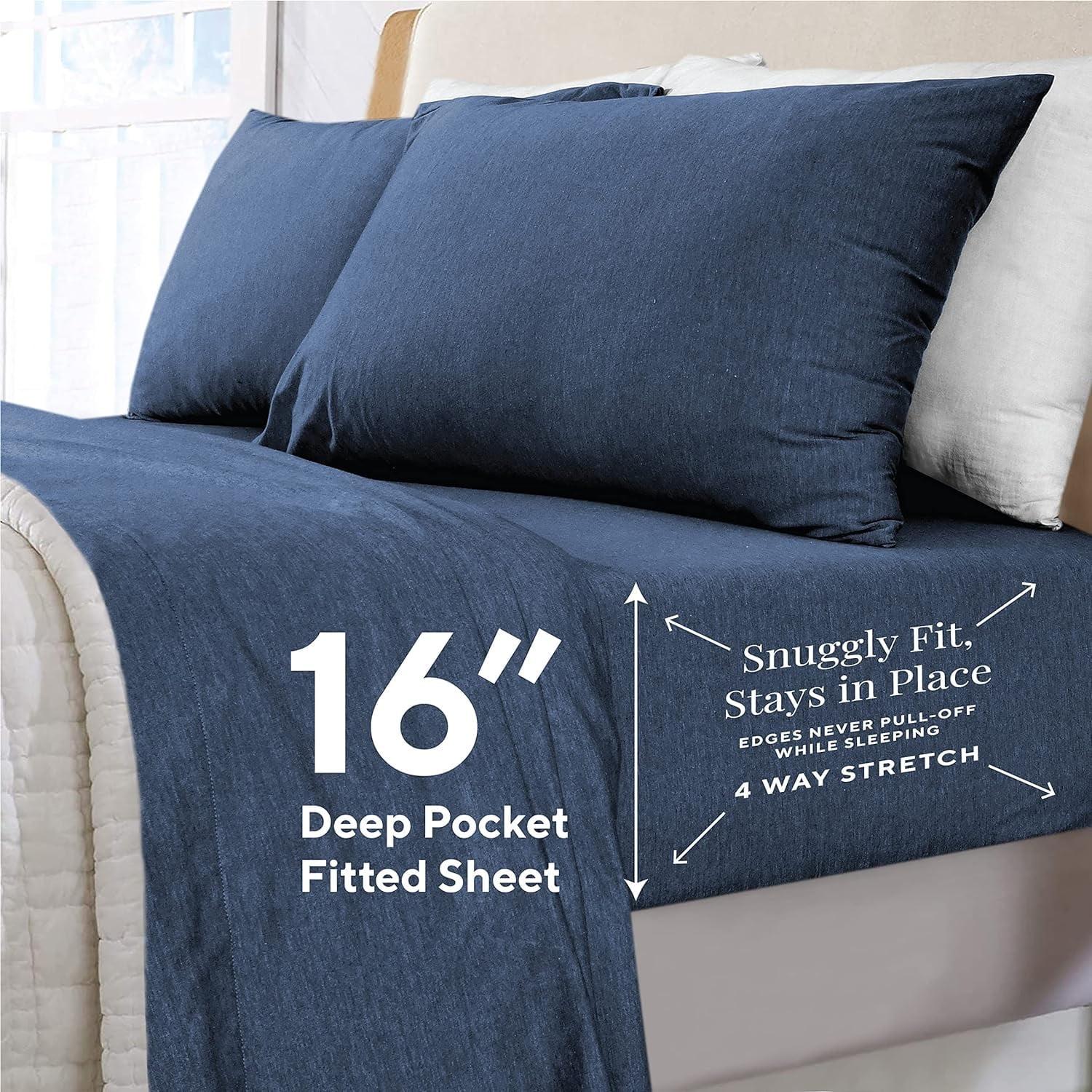 “Jersey Knit Twin XL Sheets Set – 3pc 100% Cotton Blend, Super Soft & Breathable T-Shirt Bedding, Stretchy Deep Pocket Sheets & Pillowcases, All-Season Comfy Sleep, Denim”