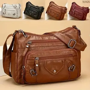Vintage Multi-Pocket Crossbody Bag for Students, Casual PU Leather Shoulder Purse with Adjustable Strap & Zipper Closure, Large Capacity Solid Color Bag in Red, Black, Light Brown & Gray, Ideal for School, Commute, Work & Daily Use