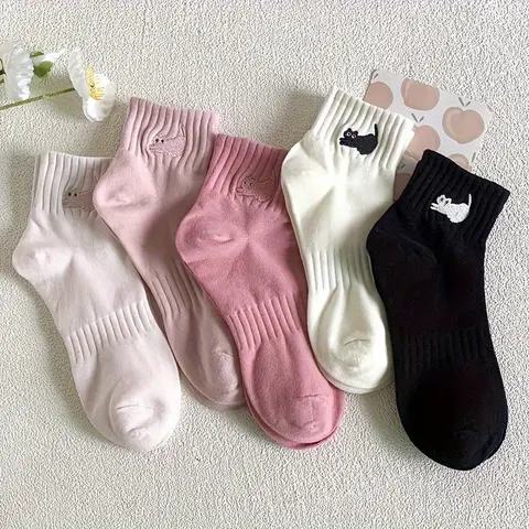 Women's 5-Pack Embroidered Animal Character Ankle Socks - Assorted Colors, Vintage Preppy, Chic, Basic Casual, Warm, Christmas, Birthday, All Seasons, Autumn Winter Daily Wear New Arrival