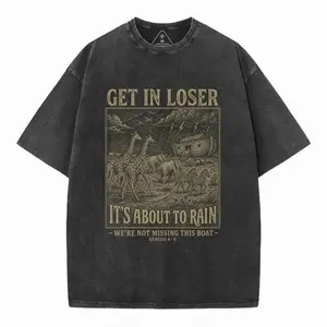 Retro Faded Funny Noah's Ark Get In Loser Christian Graphic T-Shirt Heavyweight Cotton Oversized Y2k Streetwear Unisex C Comfy Unisex Cotton Tee