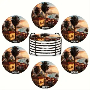 6PC round ceramic coasters, Beirut city scene theme, high temperature resistant and non-slip, exquisite home and restaurant decoration, suitable for sideboards, home decor and parties, perfect restaurant gift ideas, housewarming gift