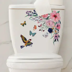 A fun bathroom accessory toilet sticker featuring flowers, birds, and butterflies, a decorative sticker for bathroom toilet beautification, Bathroom Decorations - MS052