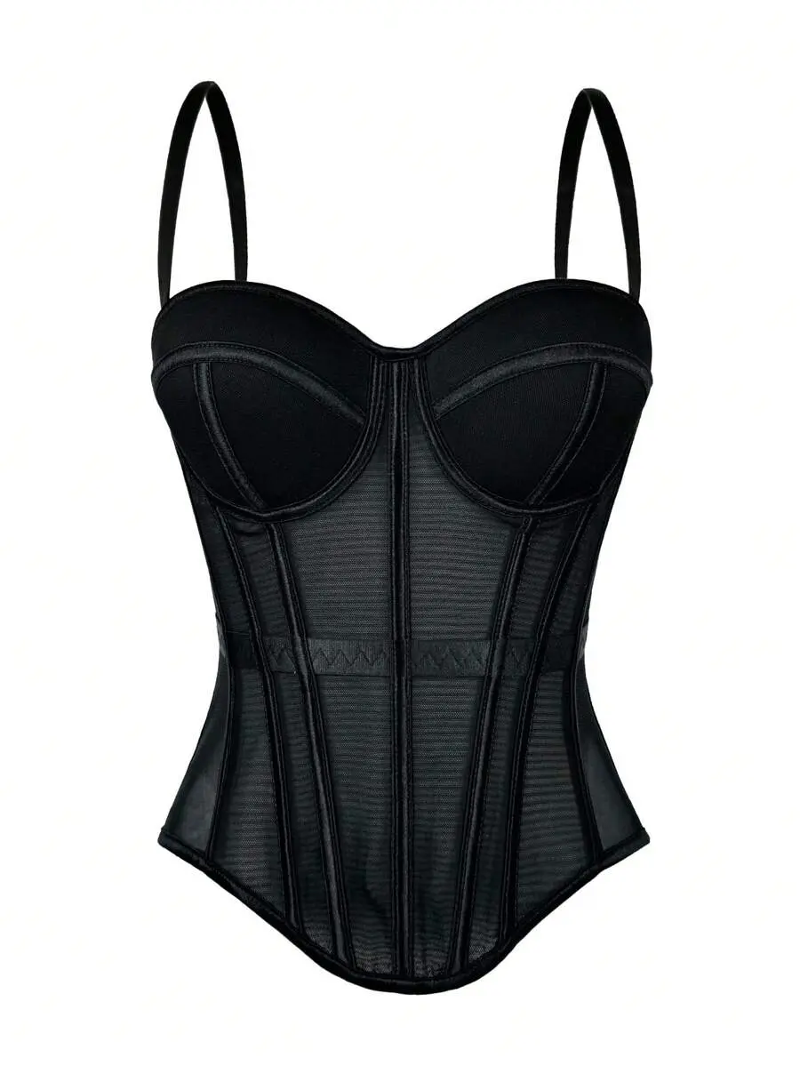Women's Solid Color Corset-Style Brown Backless Mesh Camisole With Bra, Autumn/Winter Lingerie Casual Black Summer