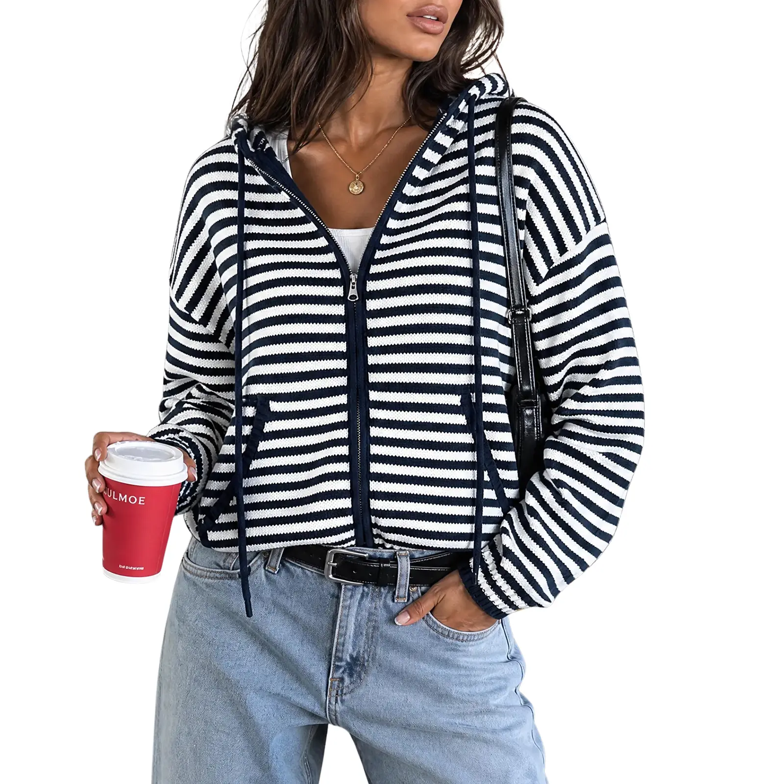 Fisoew Womens Striped Zip Up Hoodie Long Sleeve Cardigan Sweatshirts Oversized Crop Sweaters Jackets Y2K Fall Outfits,clothes for back to school,first day of school outfits
