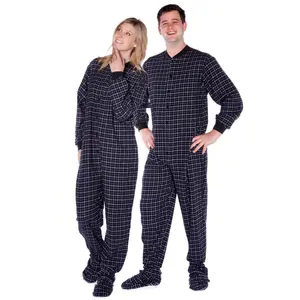 Black & White Windowpane Plaid Flannel Footed Onesie Pajamas for Adults
