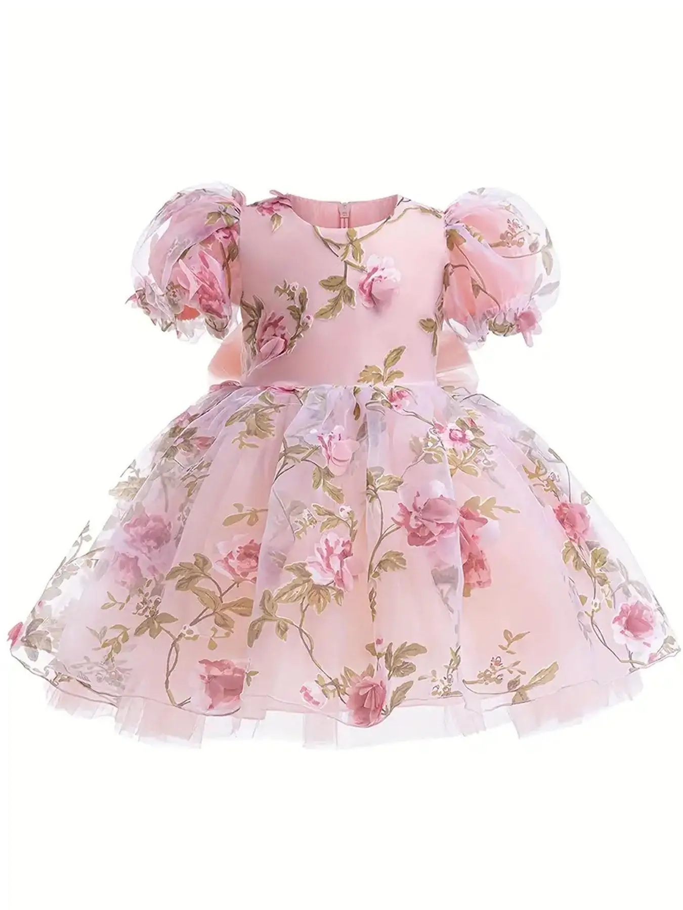 Girl's Floral Appliques Big Bow Decor Ruffle Trim Dress, Elegant Contrast Mesh Puff Short Sleeve Zipper Back Party Dress for Wedding Guest, Kids Cloth