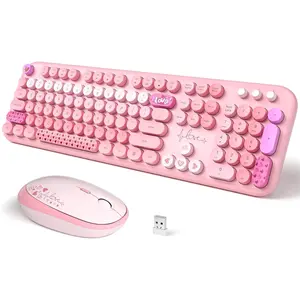 Keyboard and ,  Colorful Typewriter Retro Keyboard with Round Keycaps, 2.4GHz USB Full-Size Keyboard and  Set for  PC Desktop Laptop ( Colorful)