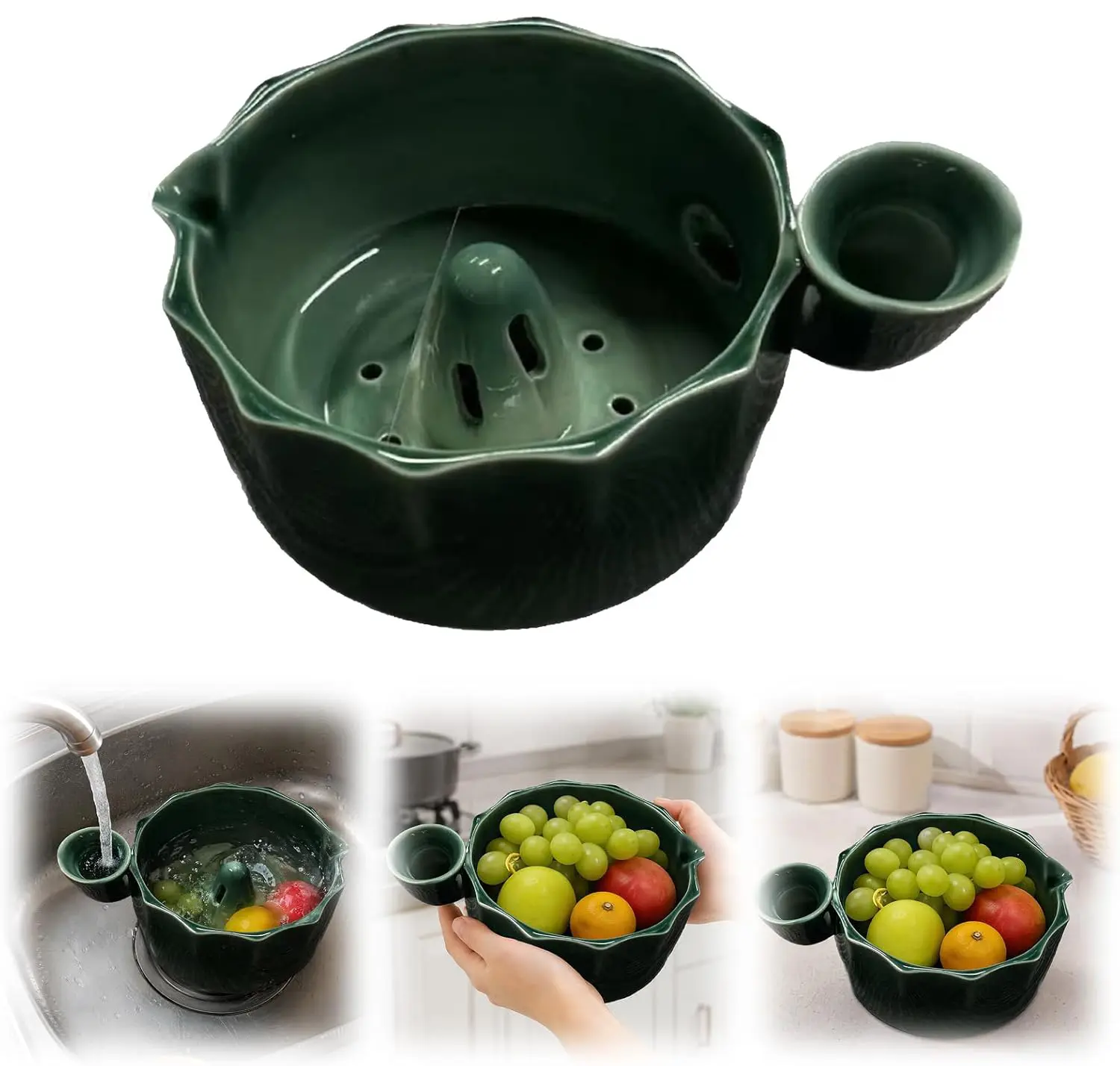 Self Spinning Berry Washing Bowl with Drain Holes Ceramic Fruit Colander for Strawberries Blueberries Grapes Small Produce