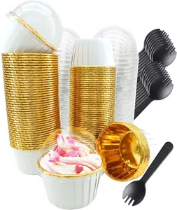 100Pack Cupcake Liners with Dome Lids and Spoons, 3.5Oz Mini Foil Baking Cups Muffin Liners, Disposable Ramekins Cupcake Tins Wrappers for Wedding Birthday Party - White in Gold