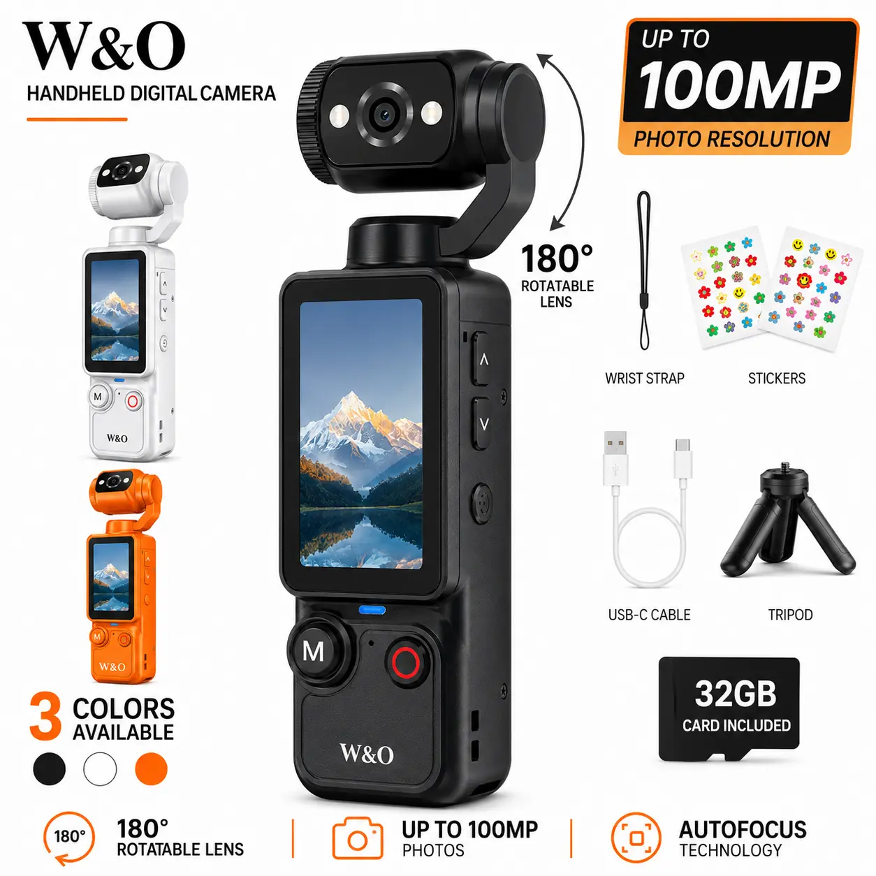 W&O Mini Handheld Camera for Kids & Beginners, 180° Rotatable Lens Vlog Camera with Autofocus, Up to 100MP Photo Resolution, 32GB Memory Card, Tripod & Accessories Included, Portable Digital Camera for Travel vlogging