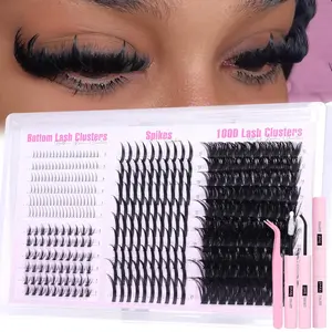 Lash Clusters Kit with Spikes Wispy Extension 380PCS 100D Volume Eyelash Clusters 2-IN-1 Lash Glue Tweezers Lightweight DIY Salon-perfect - Makeup