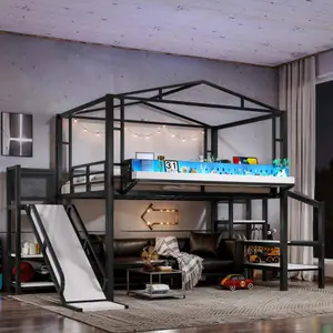 Full Size Metal Elevated Bed Frame with Storage Stairs, Built-in Wardrobe, Shelves, LED Lights, USB Ports, Noise-Free Black Loft Bed for Teens, Elevated Bed Frames