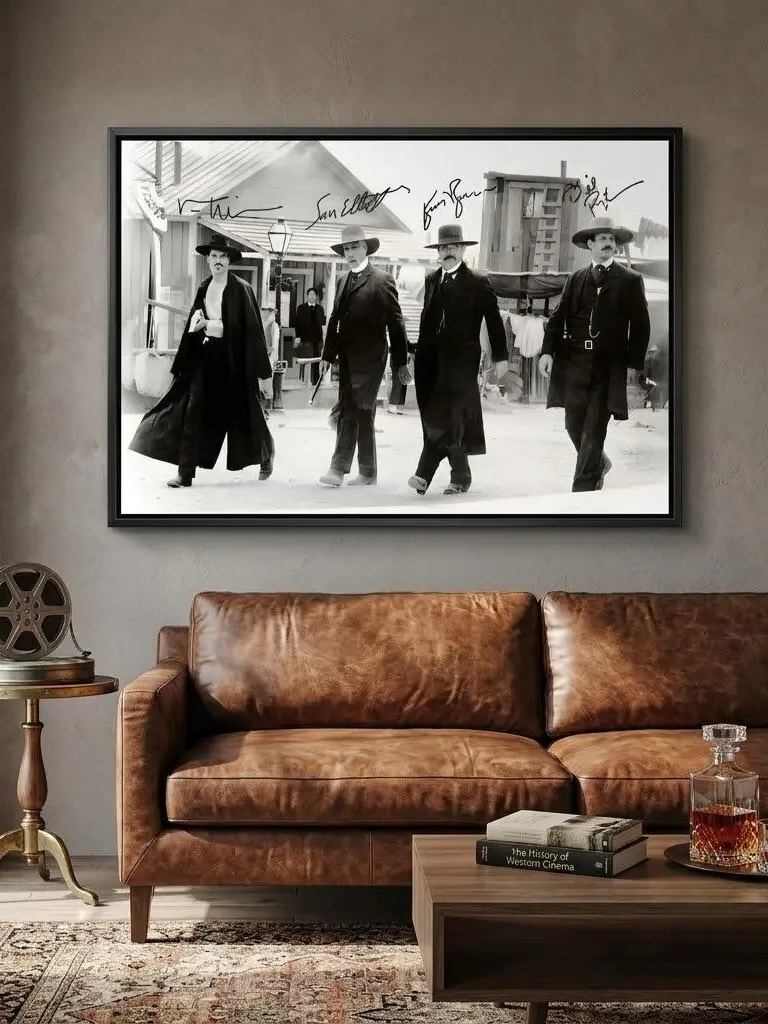 1993 Tombstone Classic Western Movie Signed Cast Black-White Canvas Wall Art - Artistic 4 Leading Actors Vintage Walk Scene Poster Print for Man Cave, Home Bar Decoration