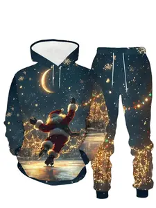 Men's Christmas Santa Skating Hoodie Set, 3D Print Fitted Long Sleeve Sweatshirt, Casual Winter Two-Piece