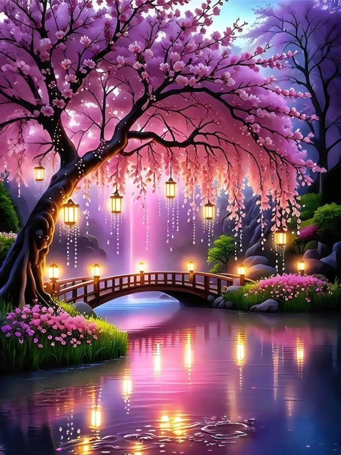5D Full Diamond Painting Kit Cherry Blossom Tree Pond Lantern Scenery Square Round Drills DIY Art Craft for Adults Home Wall Decor 1/3pcs