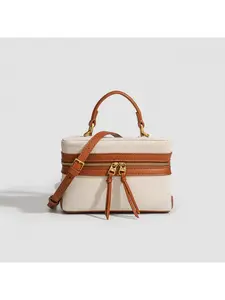 New Vintage Canvas Patchwork Box Bag, Versatile Commuter Handbag, Single Shoulder Crossbody Lunchbox, Unique Design, All-Season Use