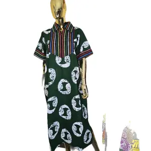 Ankara with Aso Oke African Fabric Green Dress Featuring Unique White Patterns and Striped Sleeves