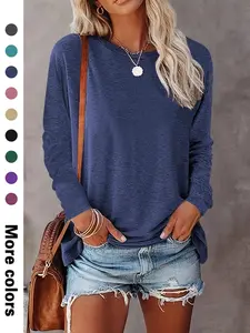 Women's Plain Round Neck Tee, Casual Fitted Long Sleeve Crew Neck T-shirt for Spring & Fall, Fashion Women's Top for Daily Wear