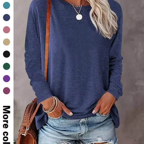 Women's Plain Round Neck Essential Basic Breathable Fabric Tee, Casual Fitted Long Sleeve Crew Neck T-shirt for Spring & Fall, Fashion Women's Top for Daily Wear Piece