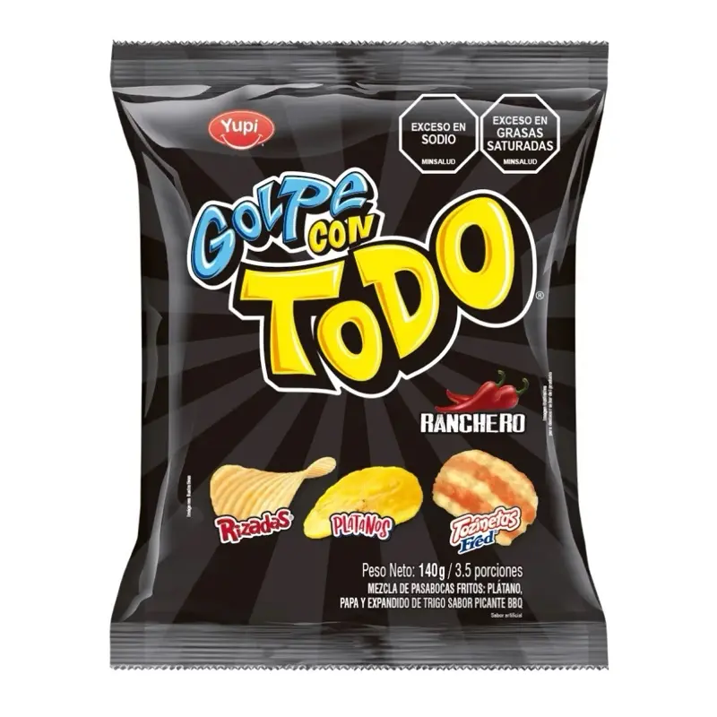 Yupi Golpe con Todo Ranchero Spicy Crunchy Snack Mix 140 g with Rizadas Platanos & Tozineta business