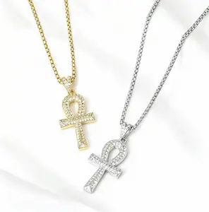 Women's 2-Tone Gold-Silver Cubic Zirconia Inlaid Ankh Pendant Necklace, Fashion Egyptian Pattern Cross Chain, Dainty Layering Jewelry Gift for Daily Dating