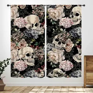 Skull Window Curtains,Boho Black Pink Floral Rose Witchy Goth Mysterious Skull Skeleton Printing Windows Drapes for Bedroom Living Room Bathroom Halloween Festival Decor 2 Panel,42X45 Inch