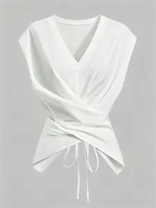 Cross Strap Waist Cinch V-Neck Sleeveless Women Top, Asymmetrical Hem Design T-Shirt, Office Style Slim Fit, Vneck