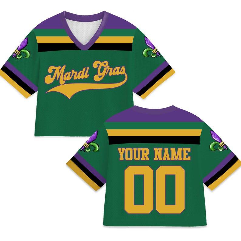 Personalized Mardi Gras Crop Top Football Jersey, Custom Name Mardi Gras Football Jersey, Jersey Uniform For Football Fans Mardi Gras Outfit