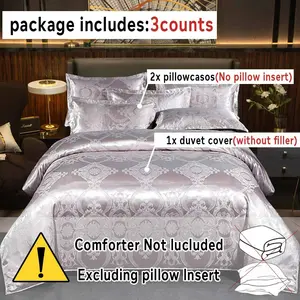 Silver-Gray Satin, European-Style Jacquard Satin: Luxury-Feel Bedding Set, 3-Piece Satin Duvet Cover Set (Includes Duvet Cover and Pillowcases)