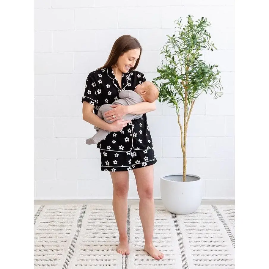 Short Pajama Set for Postpartum Women | Postpartum Essentials - Nursing Friendly | Bamboo Fabric | Flower Power Pajamas for New Moms - seesee