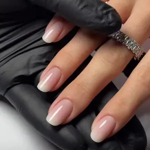 Short Round Square Nail Set, Natural Look, Soft to Milk Gradient, Breathable French Style, Long Finger Effect, Nail Kit