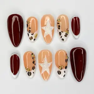 Red Tortoise Press On Nails: Custom Handmade Nail Set with Retro Y2K Design, French Tip Nail