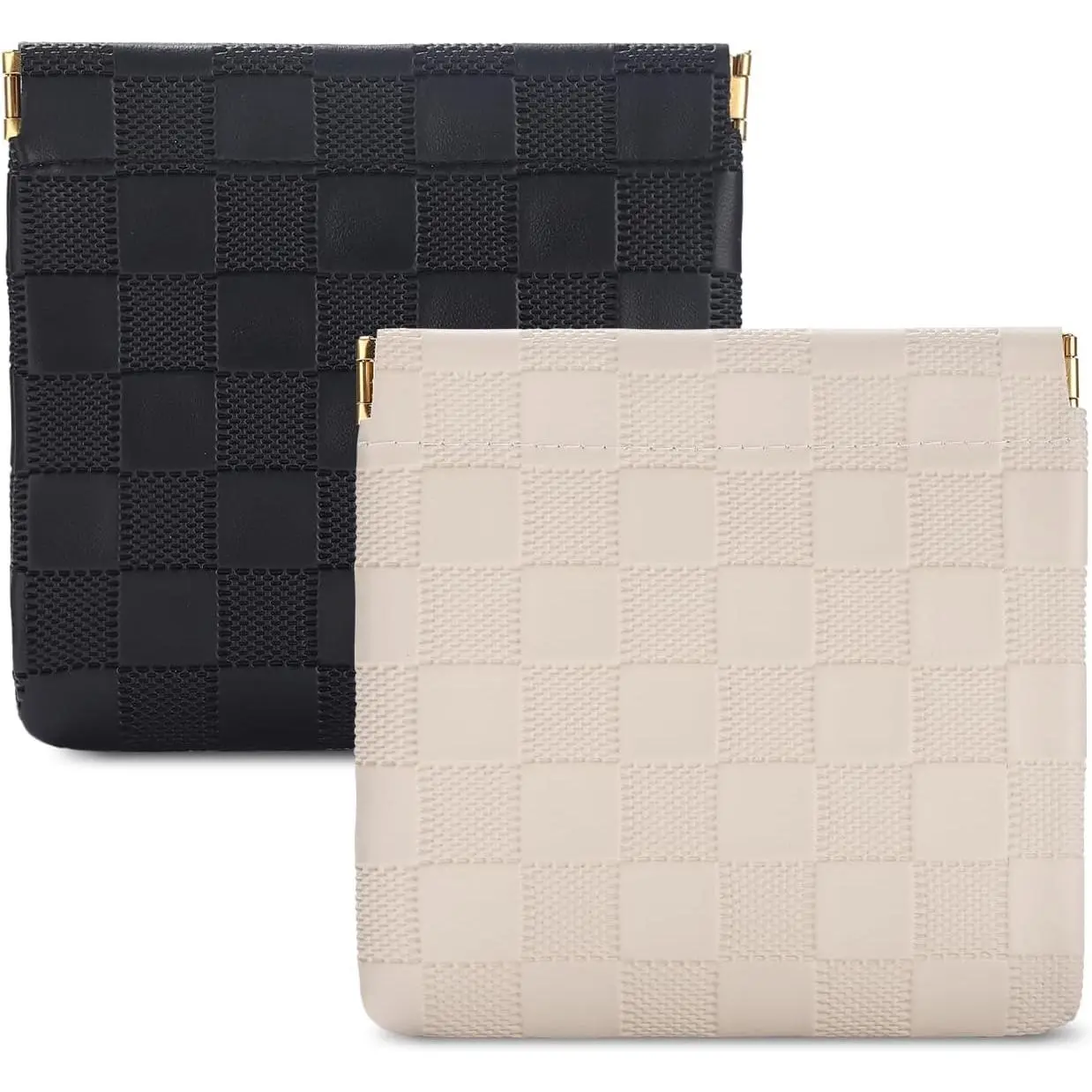2 count Small Makeup Bag for Purse, Mini  Bag  Pouch for Women, Checkered Purse Self-closing Small Travel Kit  Lipstick  Storage Bag (Black, Beige)