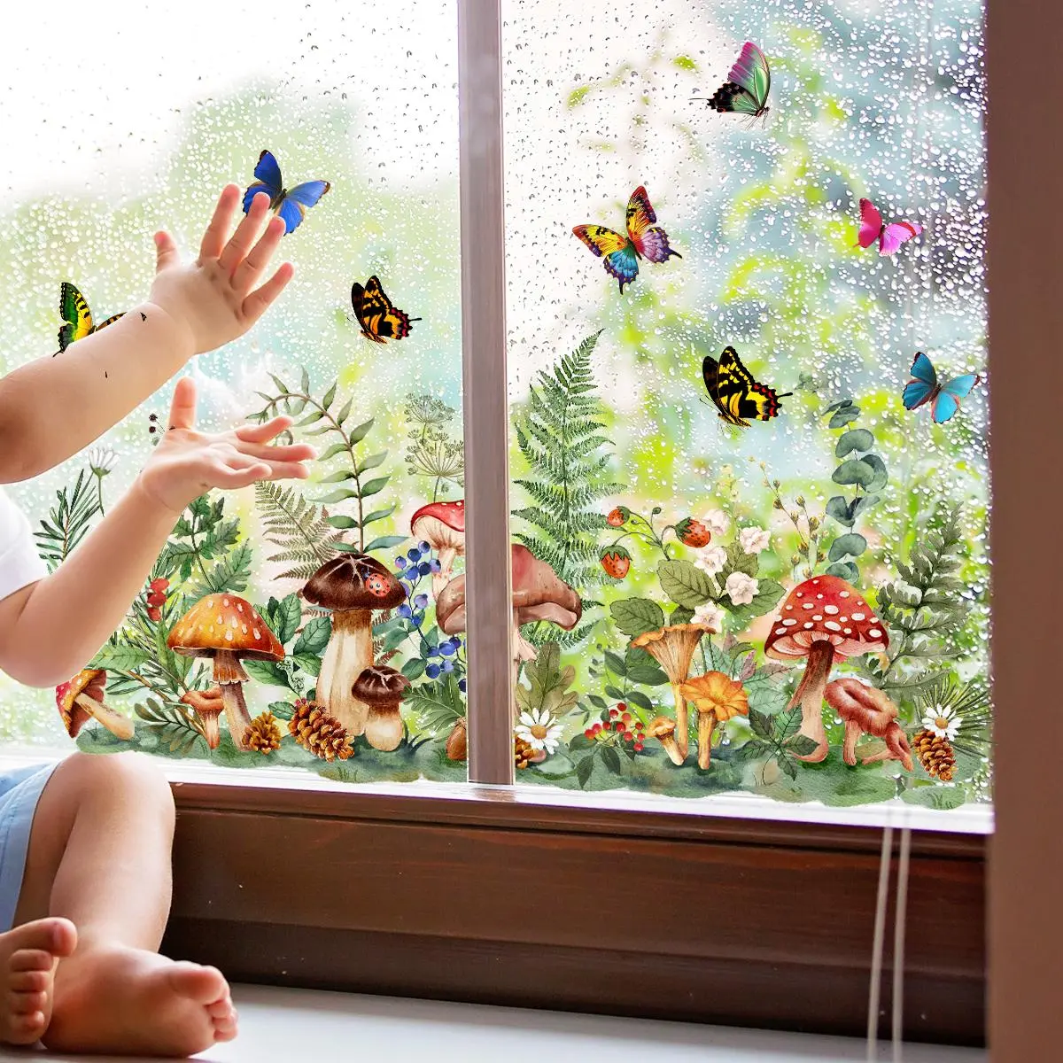 Butterfly & Mushroom Pattern Window Sticker, 1 Count Double Sided Visual Window Decal, Decorative Sticker for Home Living Room Bedroom, Ornaments, Decoration