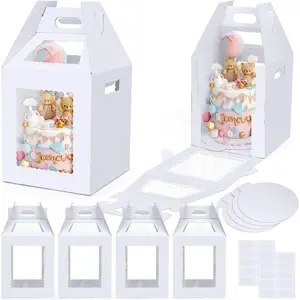 Tall Cake Boxes for Tier Cakes with Cake Boards 4 Pack 12x12x14 Inch Large Tiered Cake Carrier Containers with Window for Wedding Birthday Bakery