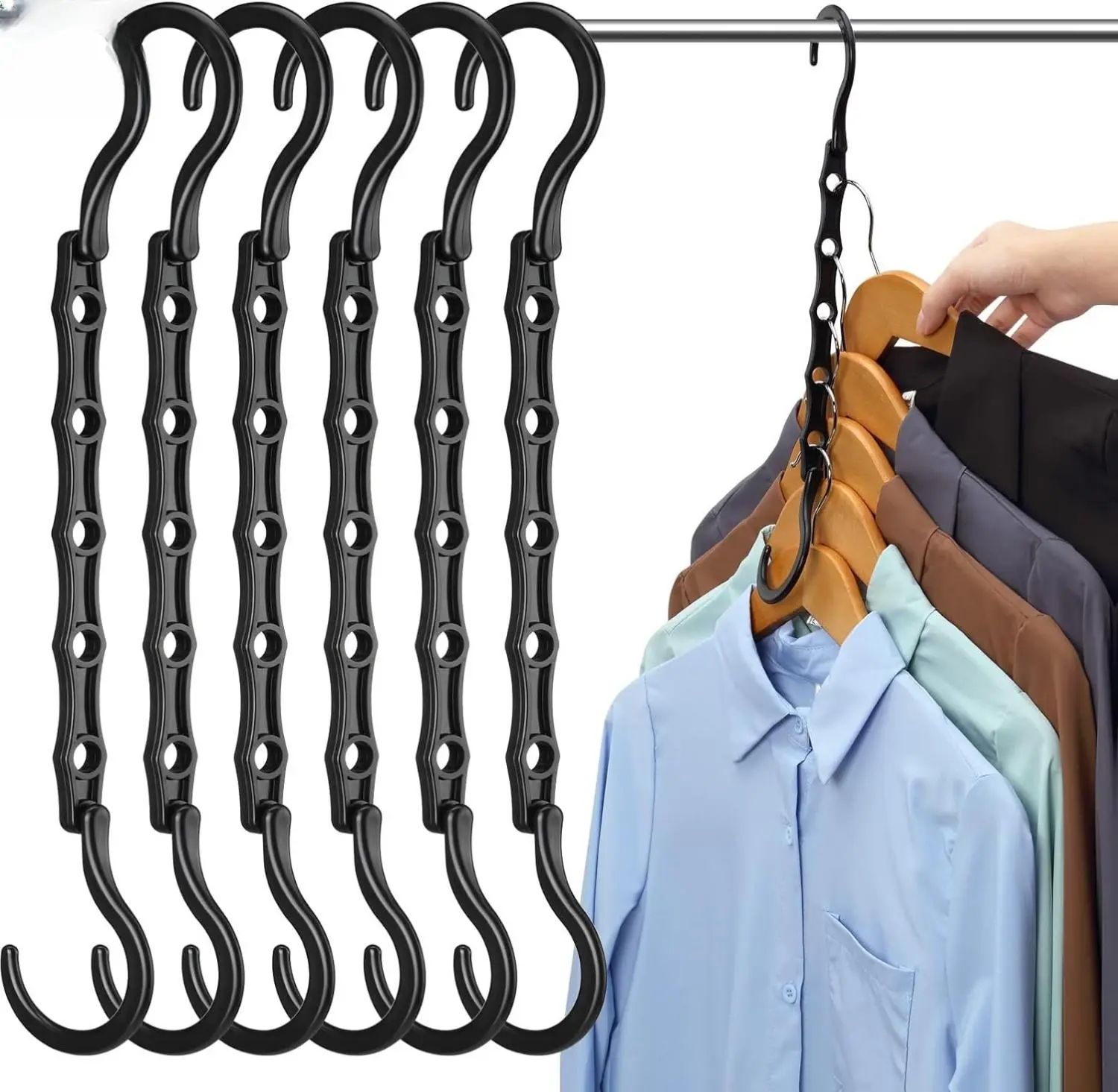 Magic Hangers 6 Pack - Space-Saving Closet Organizers for Clothes, Heavy Duty Hangers with 5 Closed Holes, Ideal for Small Closets & Dorm Rooms, Black Metal Plastic