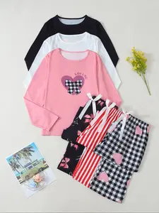 Women's Heart Butterfly Print Long Sleeve Pajama Set, Round Neck Casual Sleepwear, Comfortable Breathable Fabric, Fall & Winter Fashion