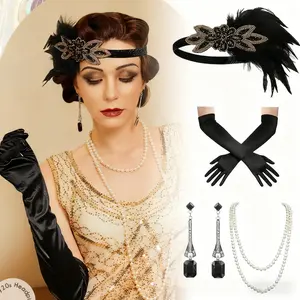 1Set 1920s Pattern Girl Accessories Set, Including Headband, Gloves, Earrings, Fake Pearl Necklace Set With Amphibole Details Suitable for Parties and Dances