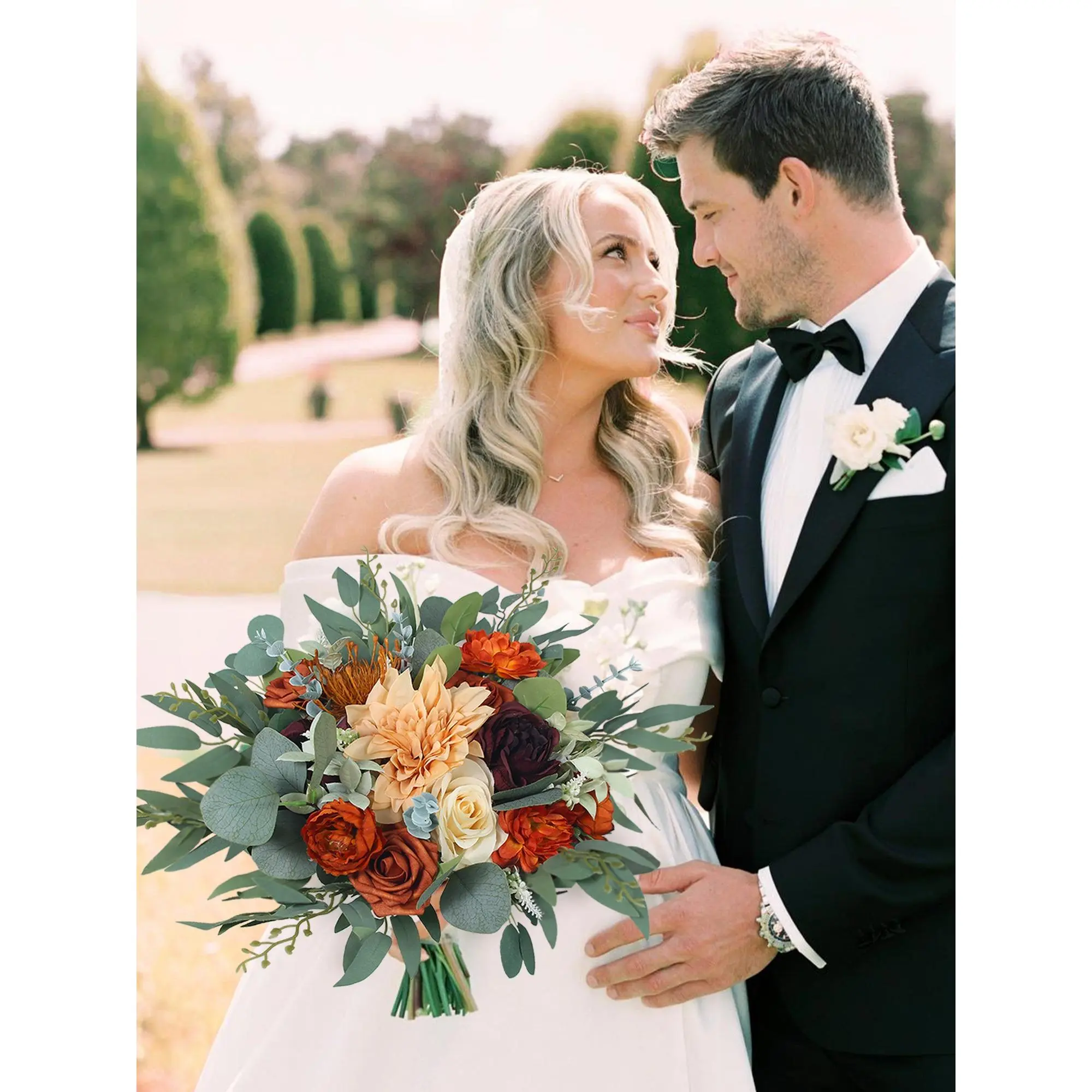 Rinlong 13-in H x 13-in W Elegant Burnt Orange & Sage Silk Peony Bridal Bouquet with Peach & Cream Flower Accents, Long-Lasting Textured Composition Warm Rich Decor, Wedding Supply