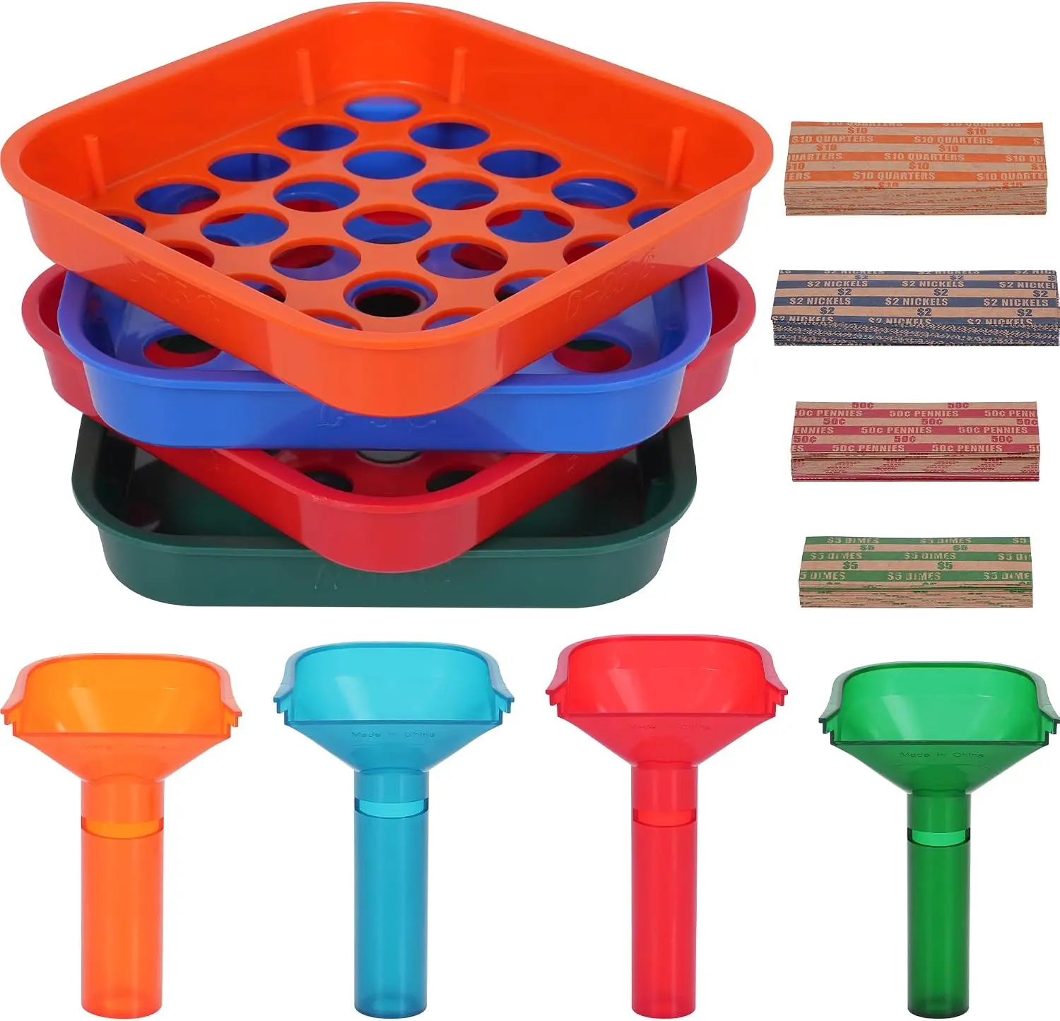 PONNOR Coin Sorter Tray & Coin Counter Tubes – 4 Color-Coded Coin Separator Tray and Coin Sorter Tubes Bundle with 100 Coin Wrappers