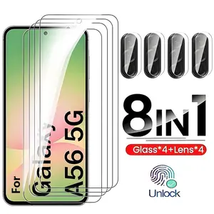 8 in 1 4 Pcs HD Tempered Glass Screen Protectors + 4 Pcs Clear Camera Lens Protector Suitable for Galaxy A56 Full Coverage HD Protective Lens Film 9H Glass Suitable for Samsung A56 5G