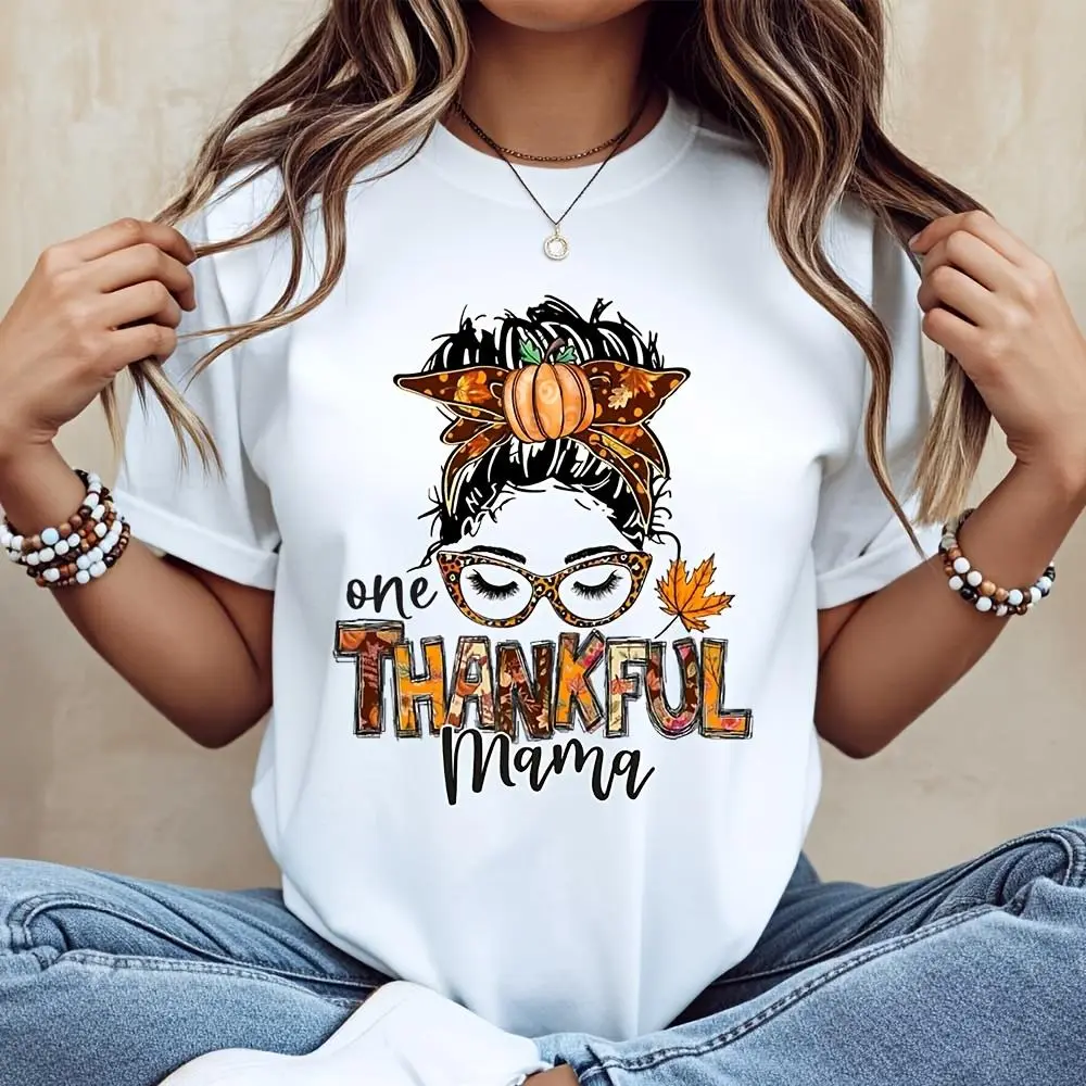 Pumpkin Headband Glasses One Thankful Mama Print, T-Shirt, Autumn Thanksgiving Holiday Theme, Casual Fall Seasonal Wear