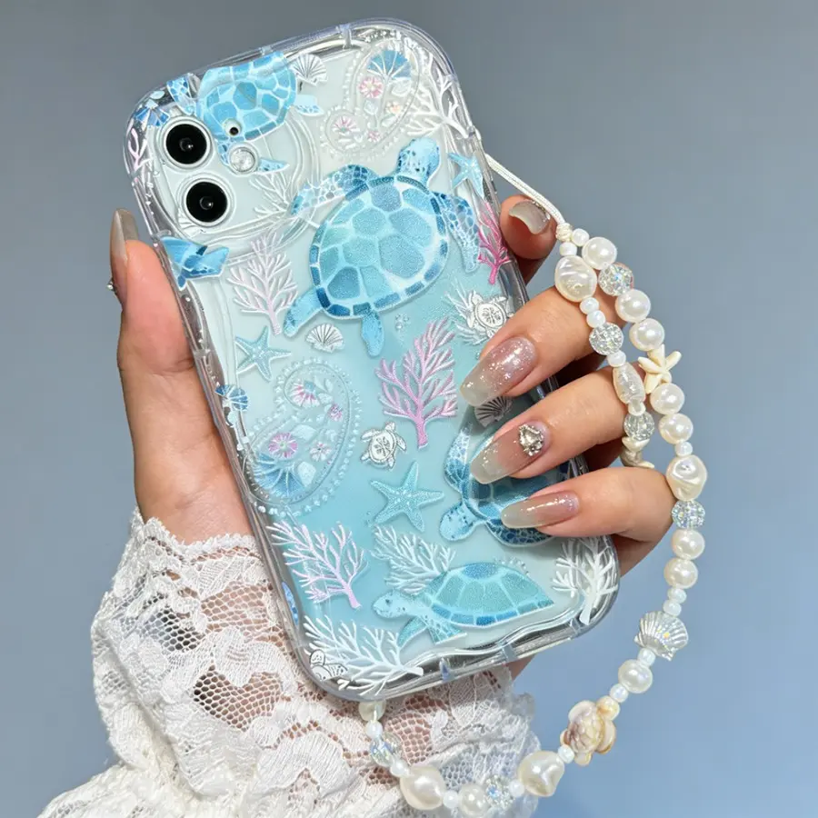 Ocean Theme Liquid Glitter Phone Case Casing with Sea Turtles and Starfish, Wavy Edge Shockproof Protection Bumper Cover, Decorative Smartphone Protector, Marine Life Pattern Protective Case for iPhone 17 15 14 Pro Max 16 12 11 Pro 7 8 Plus XR XS X