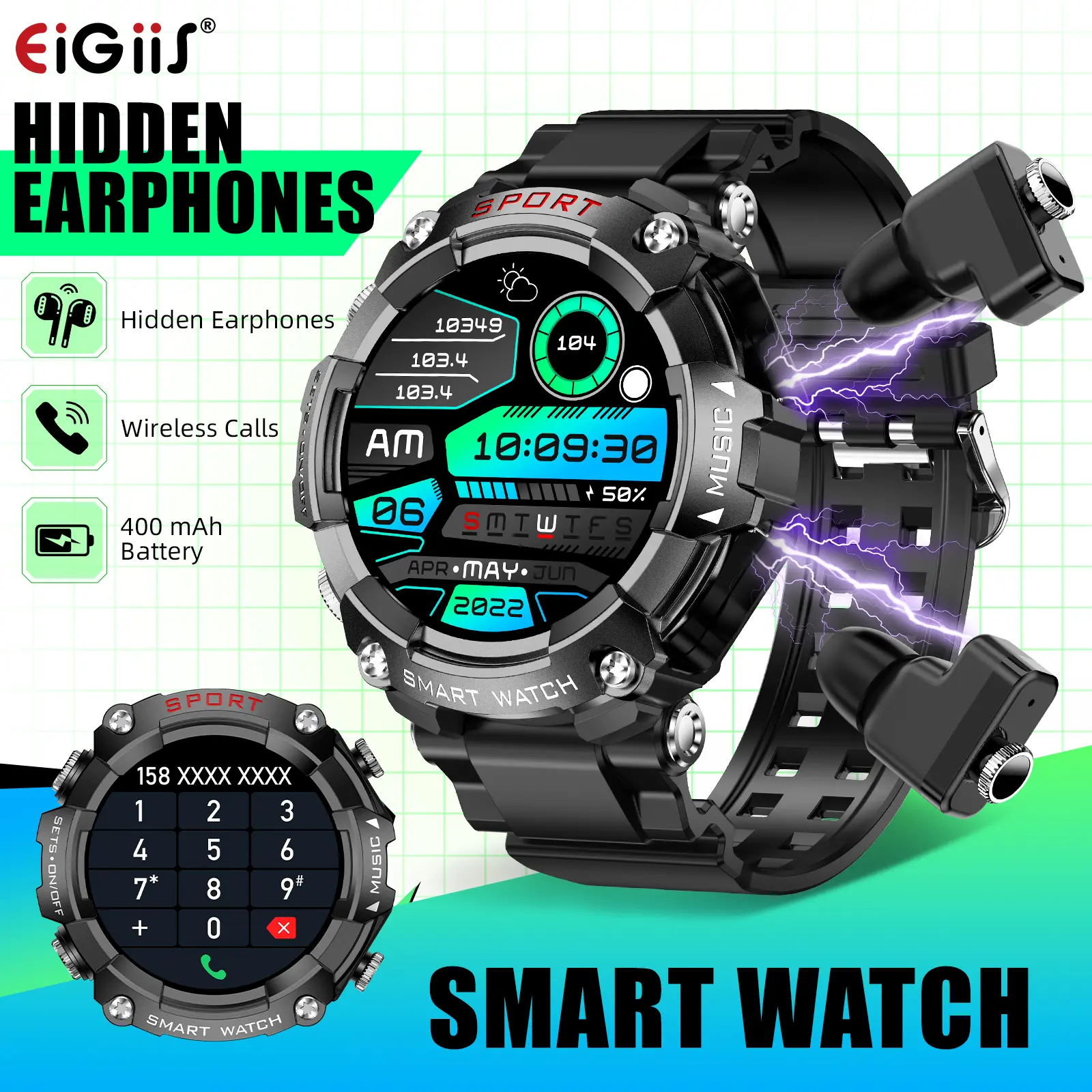 Innovative 2-in-1 Smartwatch with Wireless Earphones for Men Women, 1.52'' HD Touch Screen Smart Watch (Bluetooth Calls), Sports Fitness Tracker with Music Control, Cool Tech Wearable Gift Compatible with iOS Android