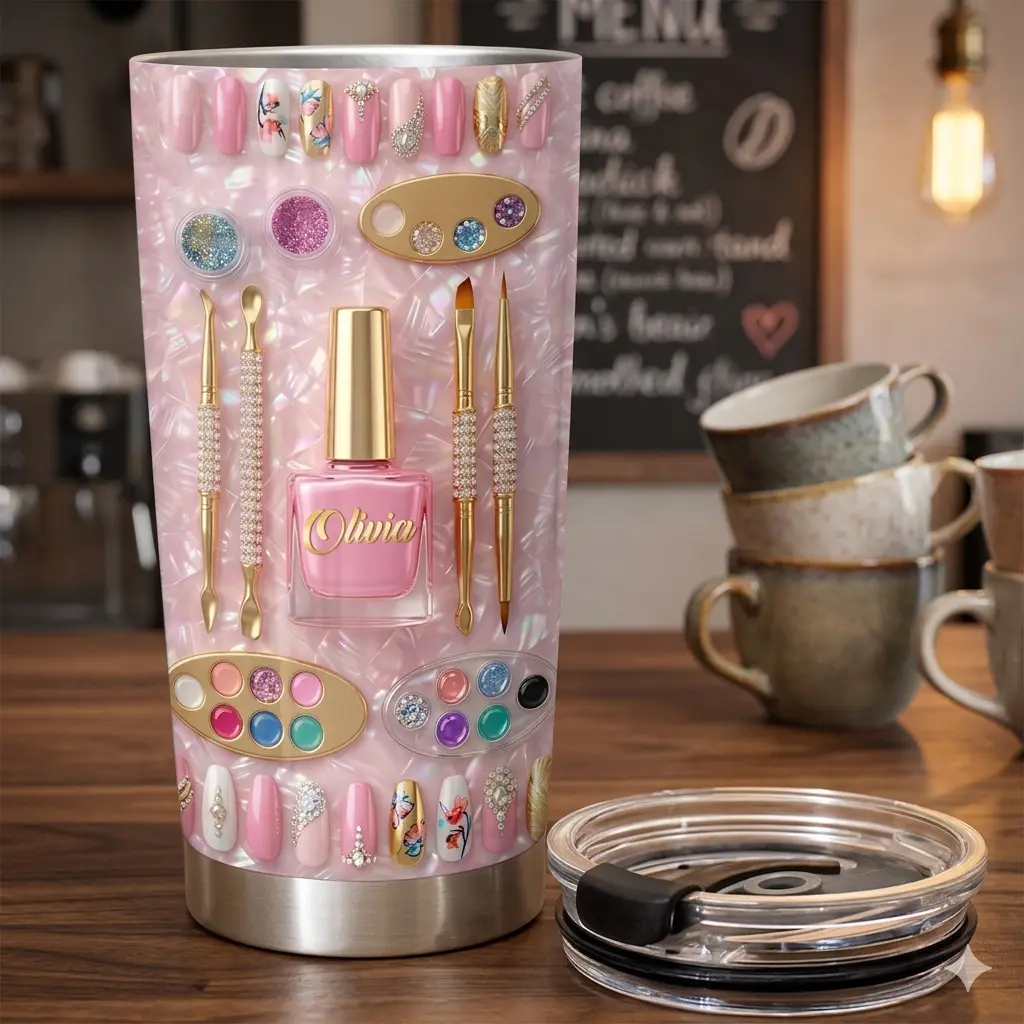 Personalized Nail Artist Tumbler, 2D Printed 3D Effect Pink Pearl Insulated Cup with Nail Polish Bottle and Tools, Custom Name Manicurist Tumbler for Nail Technicians and Beauty Lovers, Perfect Birthday Christmas Appreciation Gift