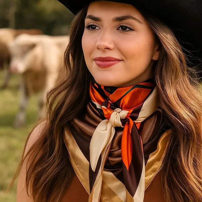 Orange, Tan and Brown Rose Wild Rag - Western Scarf