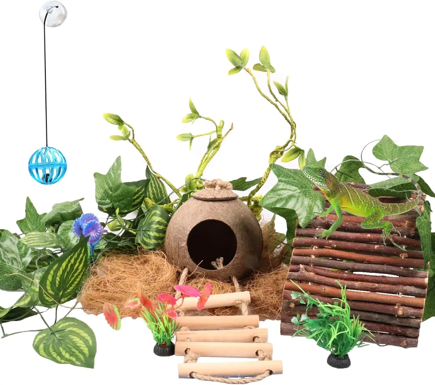 Crested Gecko Tank AccessoriesReptile Vines  with Coconut Shell Ladder Hideout Hermit Crab Decor for Bearded Dragon Lizard Chameleon Tortoise Snake