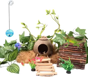 Crested Gecko Tank AccessoriesReptile Vines  with Coconut Shell Ladder Hideout Hermit Crab Decor for Bearded Dragon Lizard Chameleon Tortoise Snake